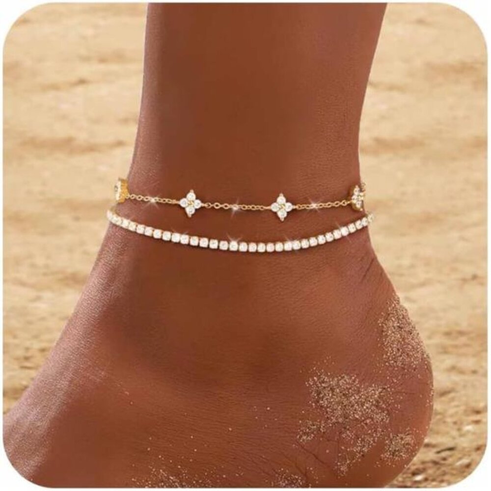 Gold Anklets for Women CZ Ankle Bracelet 14K Gold Plated Waterproof